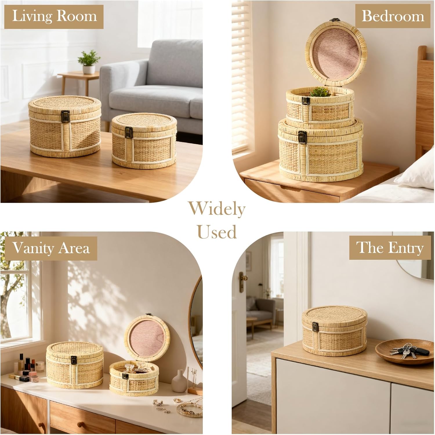 Lids Wooden Frame Decorative Rattan Round Baskets Set Handmade Woven Wicker / Natural / Set of 2