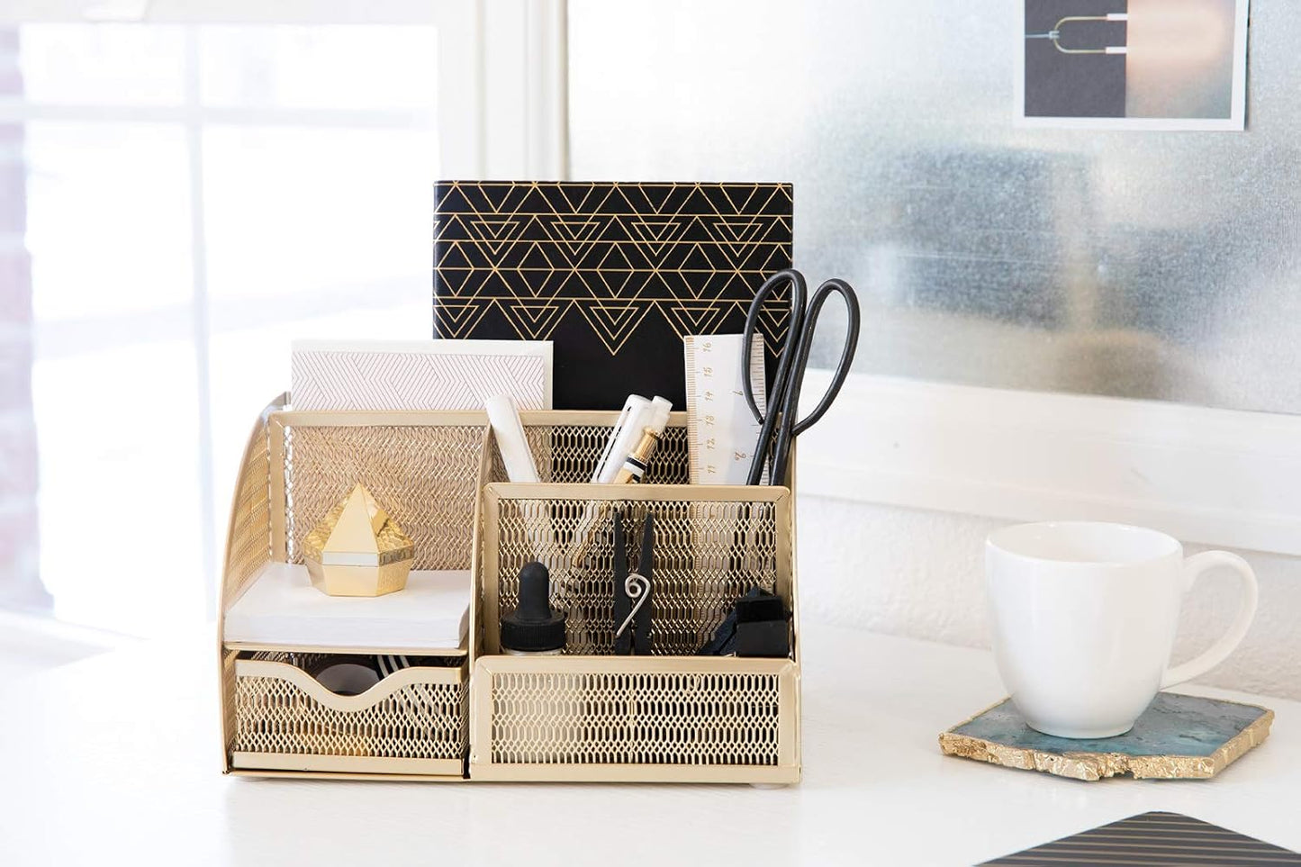 BLU MONACO | Gold Desk Organizer with Drawer | Metal Desktop Caddy with Six Compartments for Office Supplies | Stylish