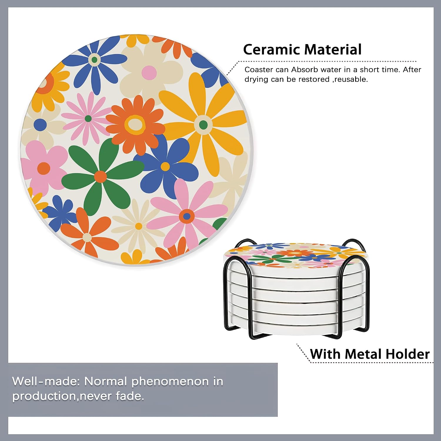 Holder / Coasters for Drinks / Retro Colorful Daisy Flowers 70s Hippie Floral / Set of 6