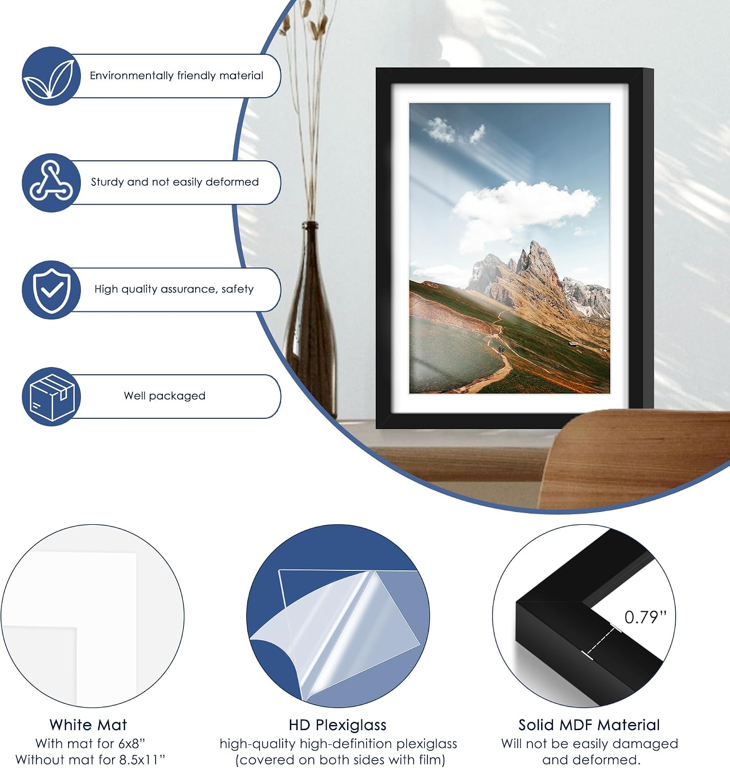 10x13 Picture Frame Set of 6, Wall or Tabletop Display, Black | Display Pictures 9x12 with Mat or 10x13 Without Mat