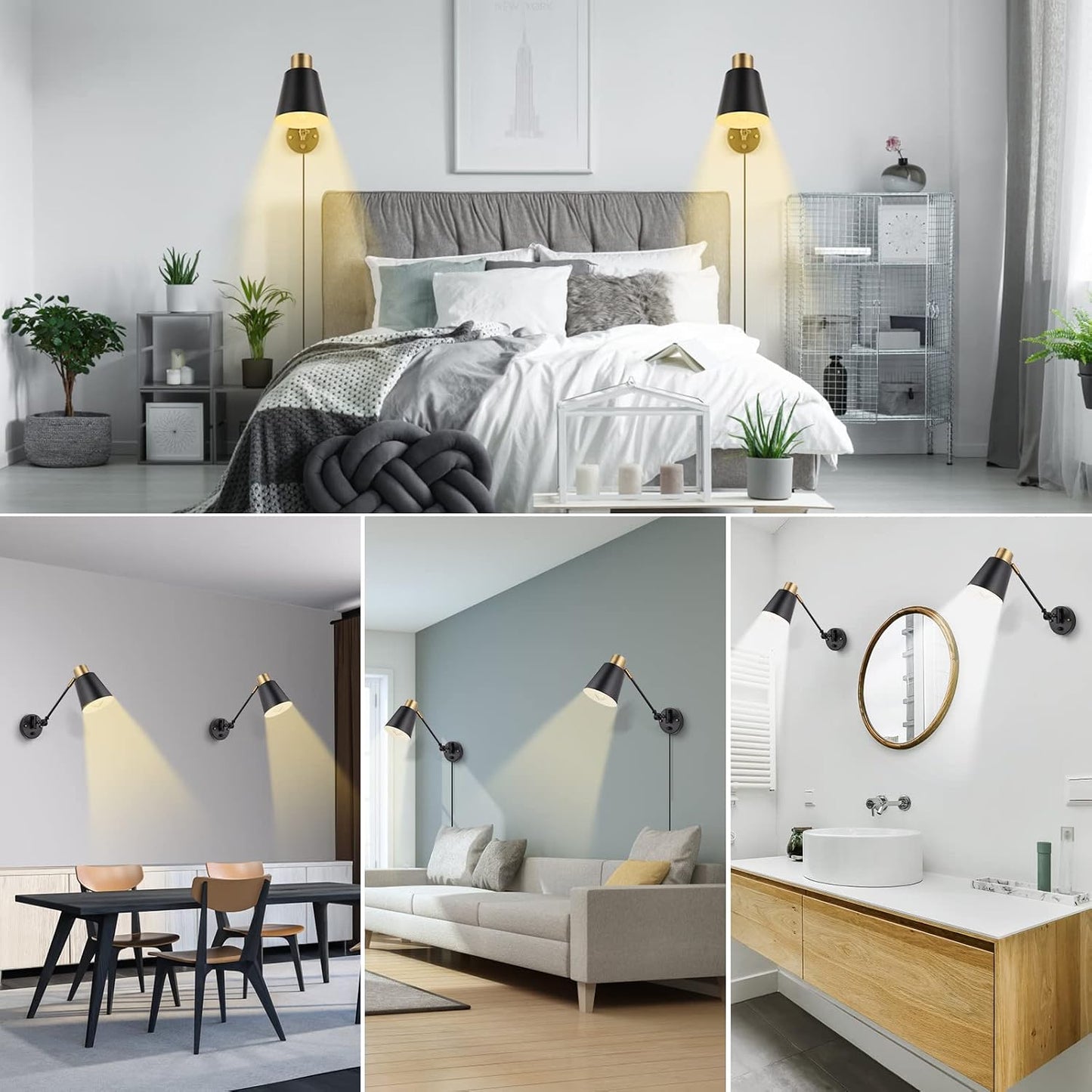 Plug in Wall Sconces with Remote, Adjustable Colors 2700K-6500K & Brightness 10%-100%, Swing Arm Wall Lamp, Wall