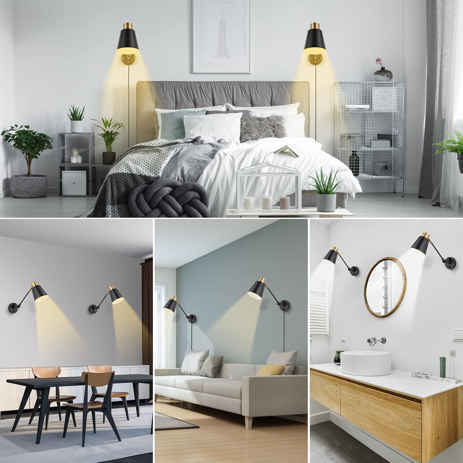 Plug in Wall Sconces with Remote, Adjustable Colors 2700K-6500K & Brightness 10%-100%, Swing Arm Wall Lamp, Wall