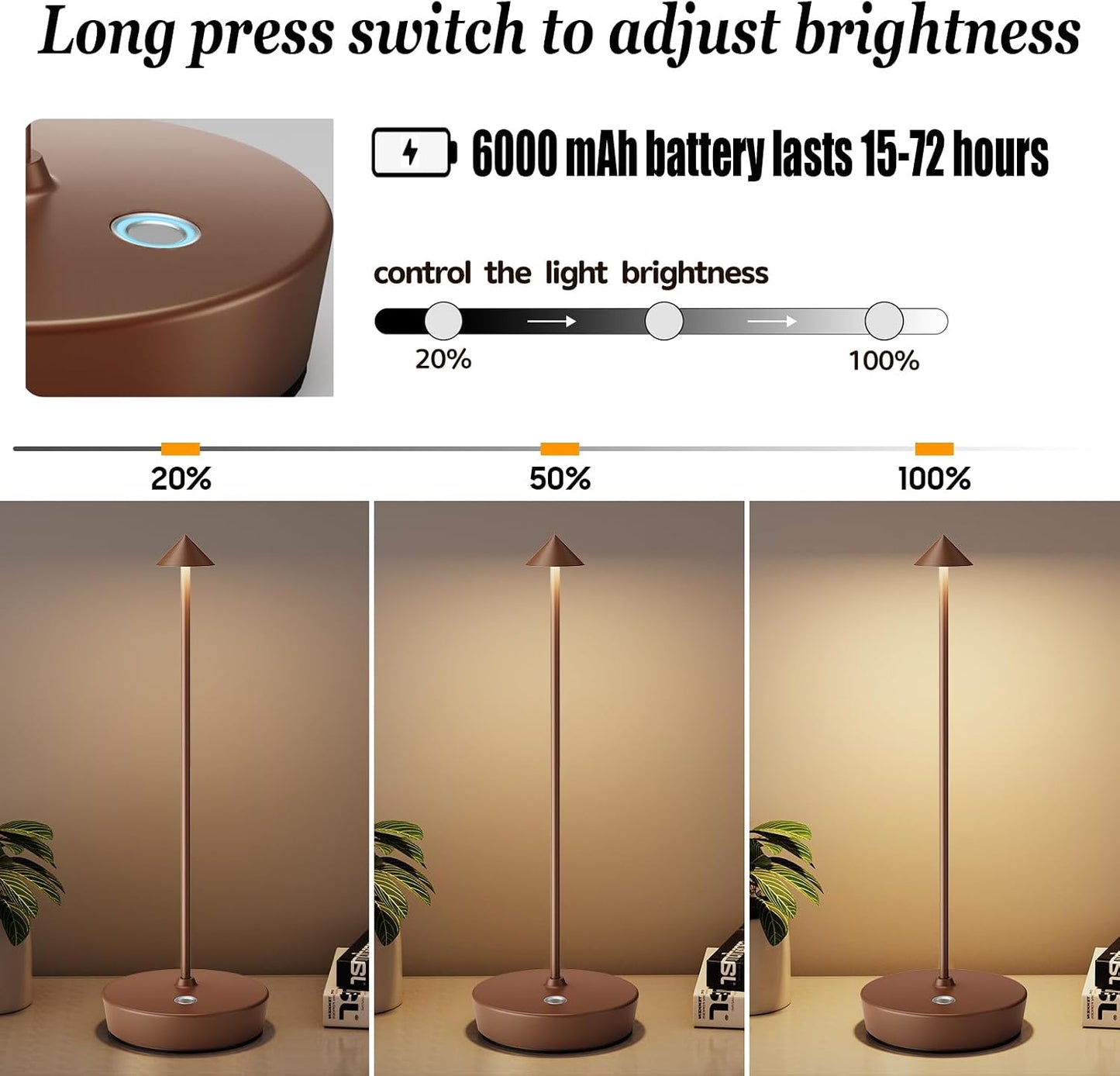 2Pack Rechargeable Cordless Table Lamp, Portable Powered LED Battery 6000mAh Metal USB Desk Lamp, 3 Levels Brightness