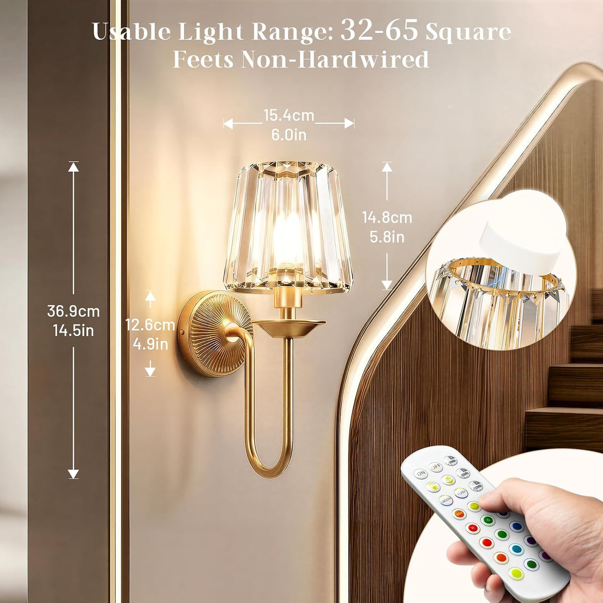 Gold Battery Operated Wall Sconces Set of Two, Crystal Wireless Rechargeable Wall Lights with Remote, Dimmable 3 CCT