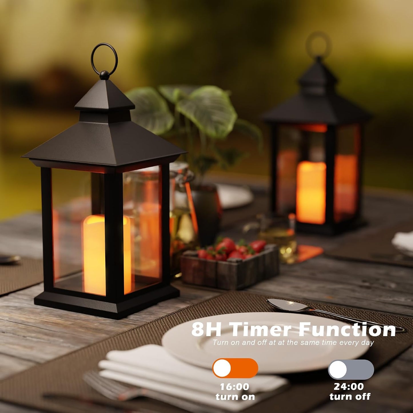 14" Lanterns Decorative Indoor/Outdoor, 2 Pack Black Lantern Decor with Timer Candle, Waterproof Battery Operated