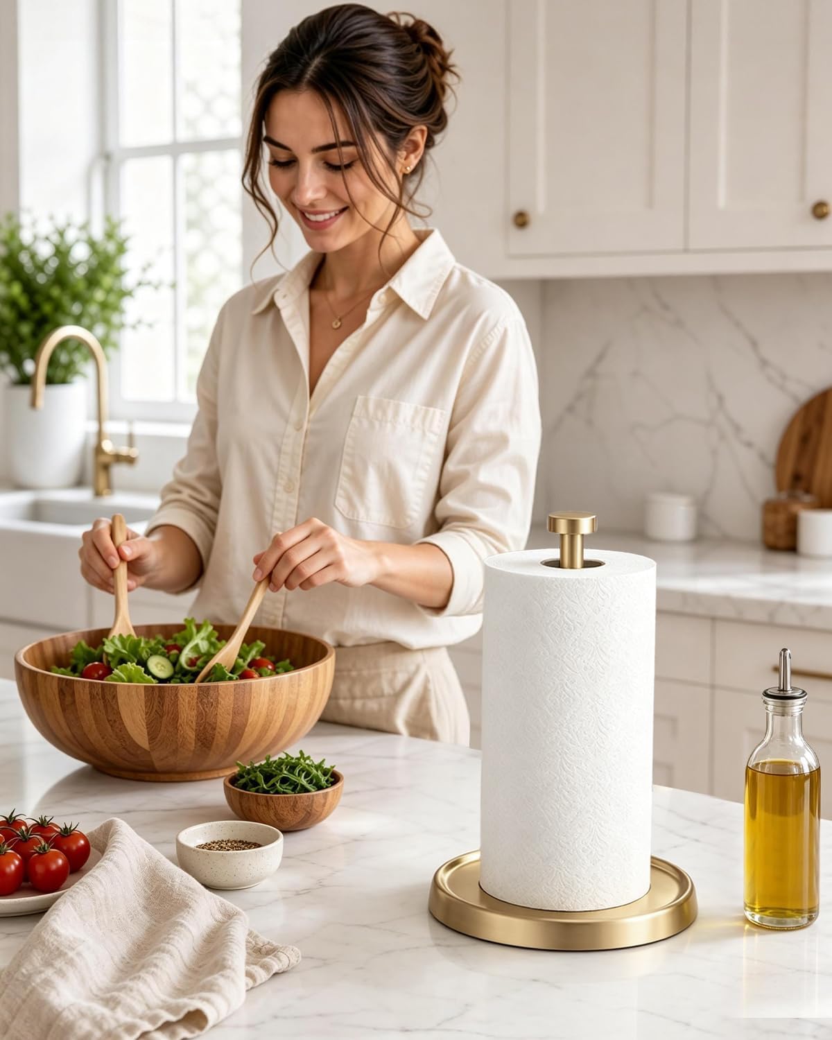 Paper Towel Holder Countertop, Gold Kitchen Accessories Decor, Stainless Steel, Weighted Base, Warm Gold, Paper Towel