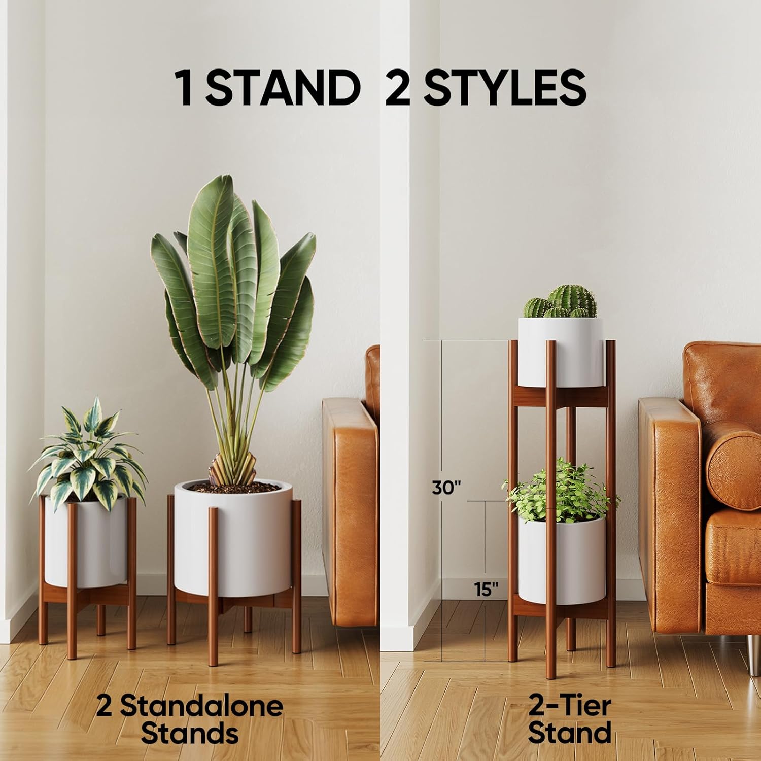 MUDEELA 2 Pack Indoor Plant Stands, 2 Tier Tall Plant Stand 30 inches, Mid Century Bamboo Plant Stand, Adjustable Width