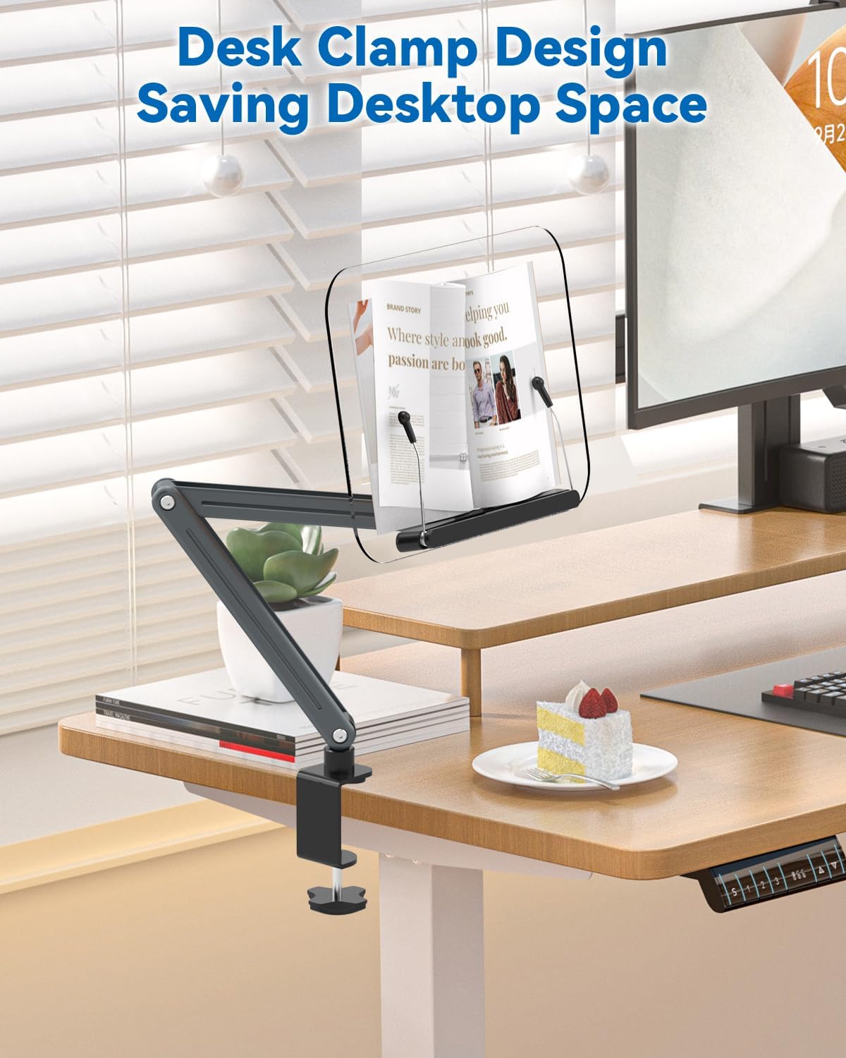 Desk Clamp Acrylic Book Stand for Reading, Ergonomic Design Adjustable Height up to 20 inches with Rotating Bases