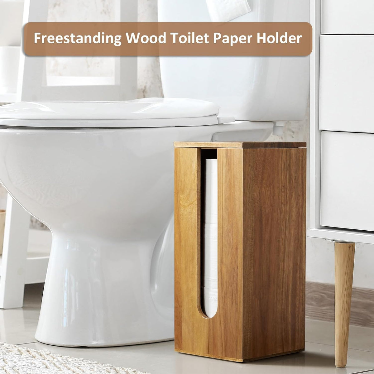 OUTNILI Freestanding Toilet Paper Holder Stand with Lid, Acacia Wood Bathroom Storage Organizer, Rustic Farmhouse