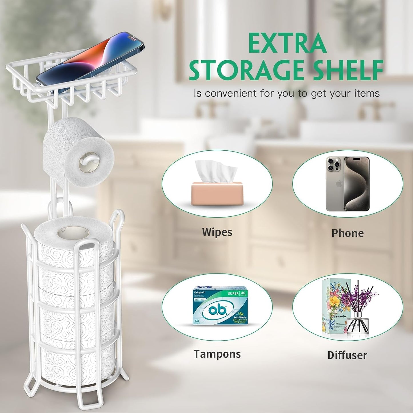 TomCare Toilet Paper Holder Free Standing with Shelf, Stable 4 Raised Feet | Stores 4 Mega Rolls, Tool-Free Assembly