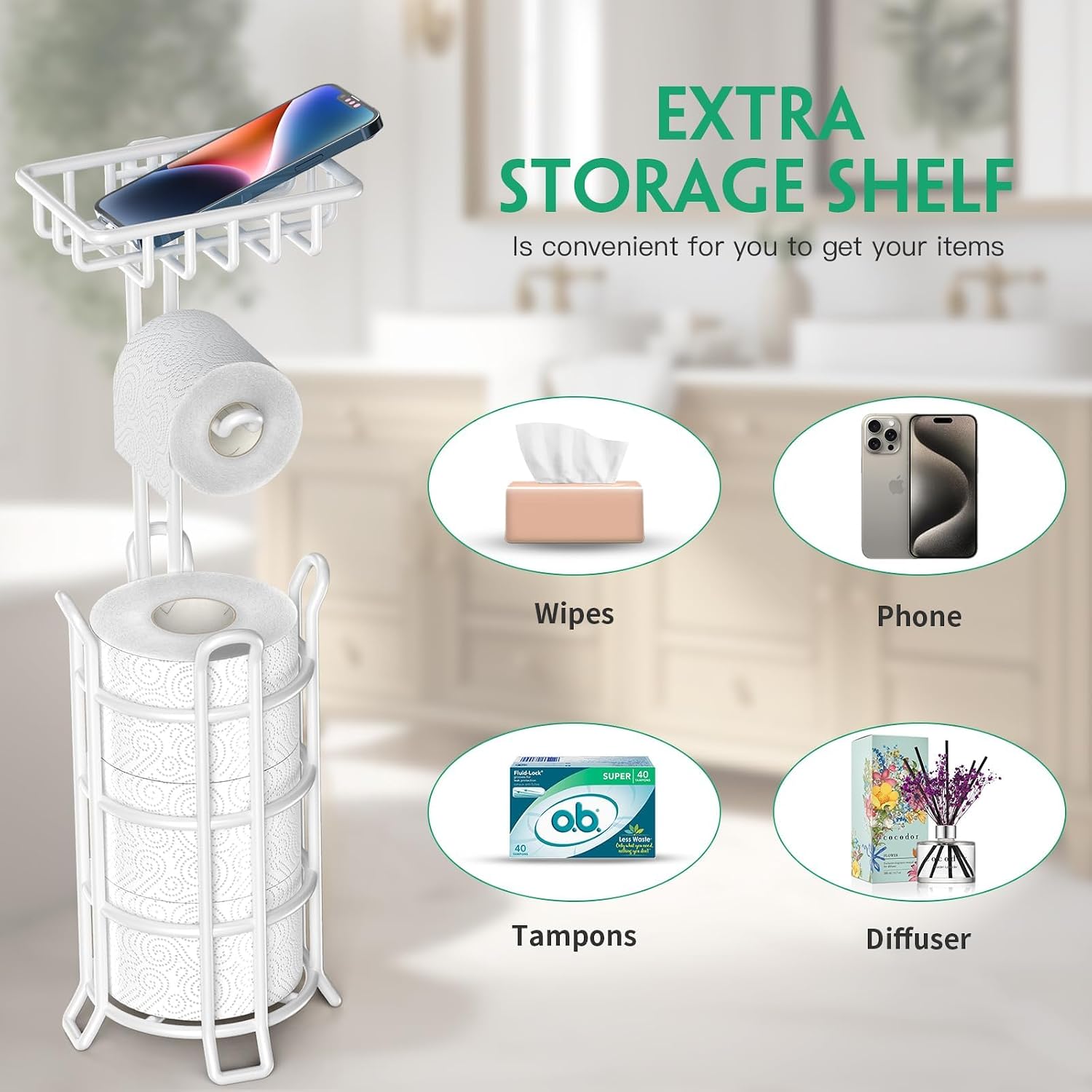 TomCare Toilet Paper Holder Free Standing with Shelf, Stable 4 Raised Feet | Stores 4 Mega Rolls, Tool-Free Assembly