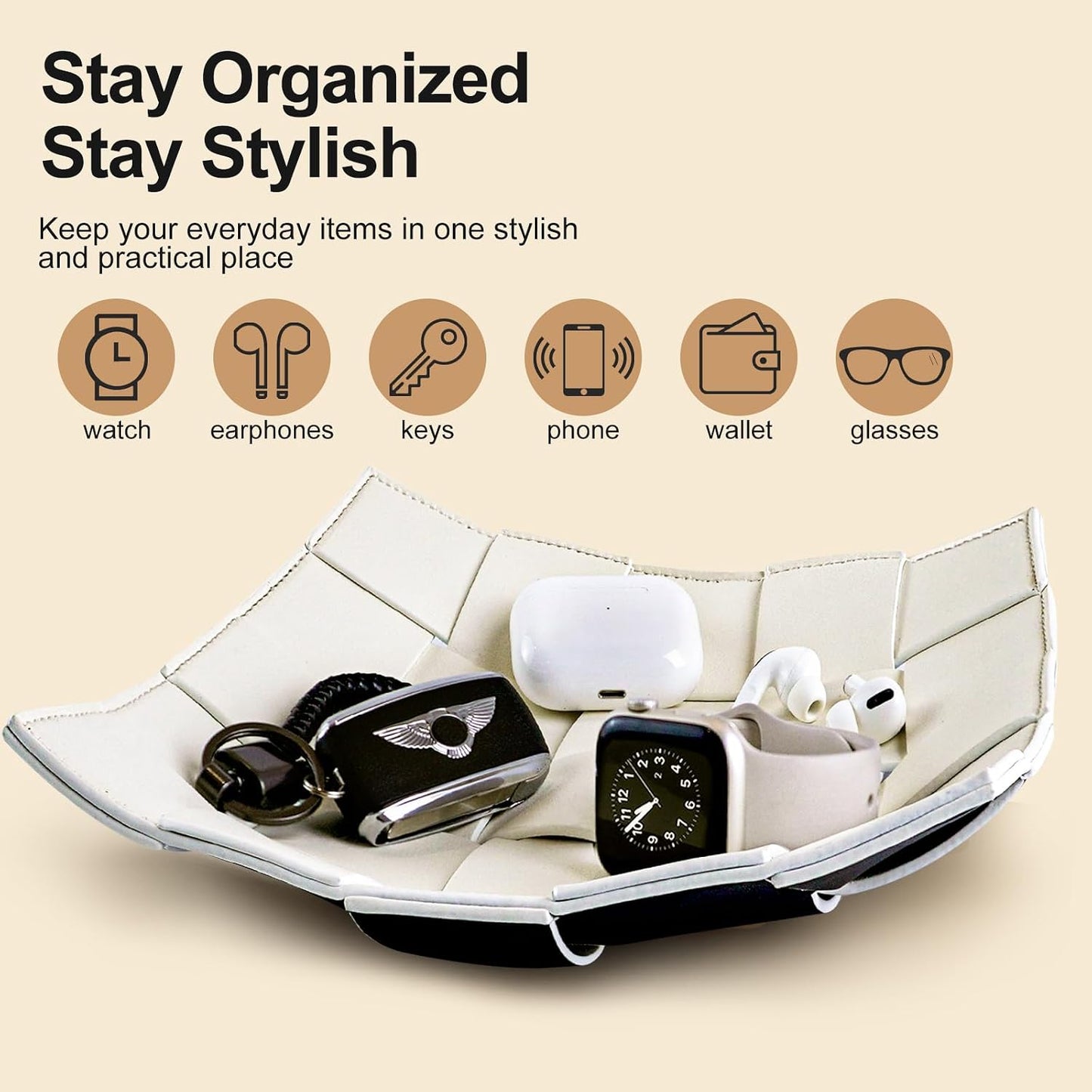 Valet Tray for Men and Women PU Leather Key Holder Bowl for Entryway Table Bedside / White