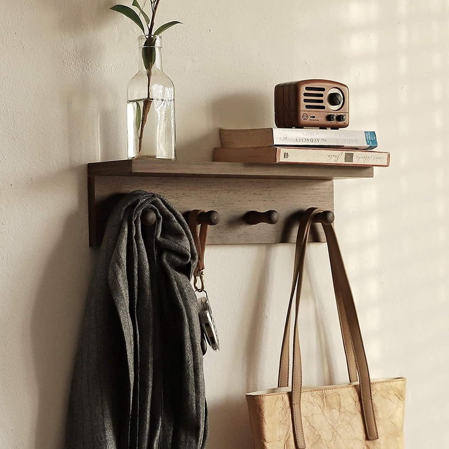 Wall-Mounted Wooden Hook Rack / Walnut Color Finish-a-1