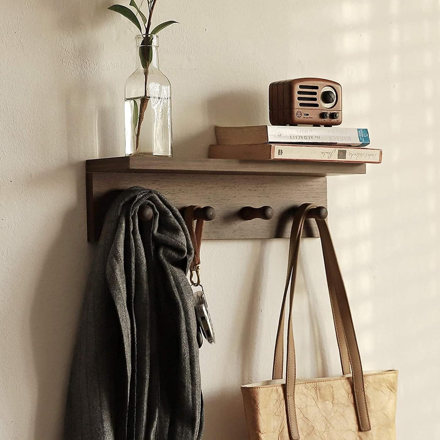 Wall-Mounted Wooden Hook Rack / Walnut Color Finish-a-1