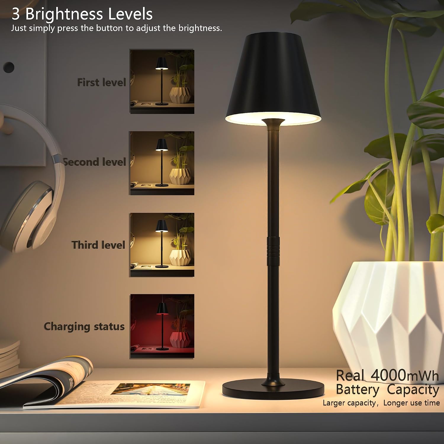 Timjorman 2-Pack Cordless Table Lamps - 5000mAh Rechargeable Battery Operated Desk Lamp, 3-Level Dimmable LED Night