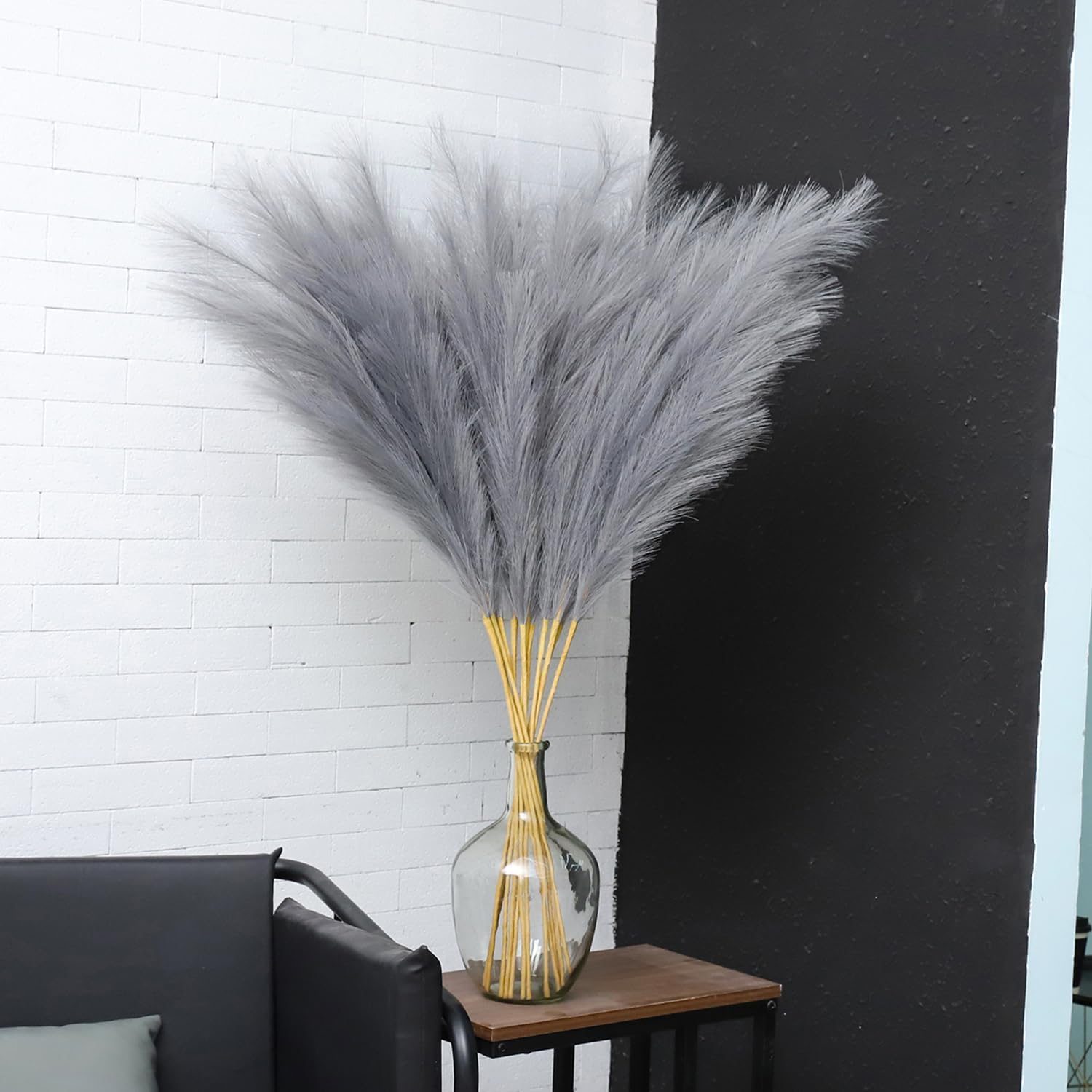Faux Pampas Grass Tall Pompas Floral Arrangement and Vase Filler / Grey / Set of 8