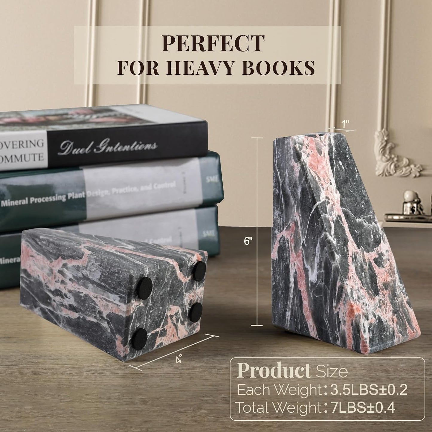 Marble Bookends / Large Bookends for Heavy Books / Grey&pink