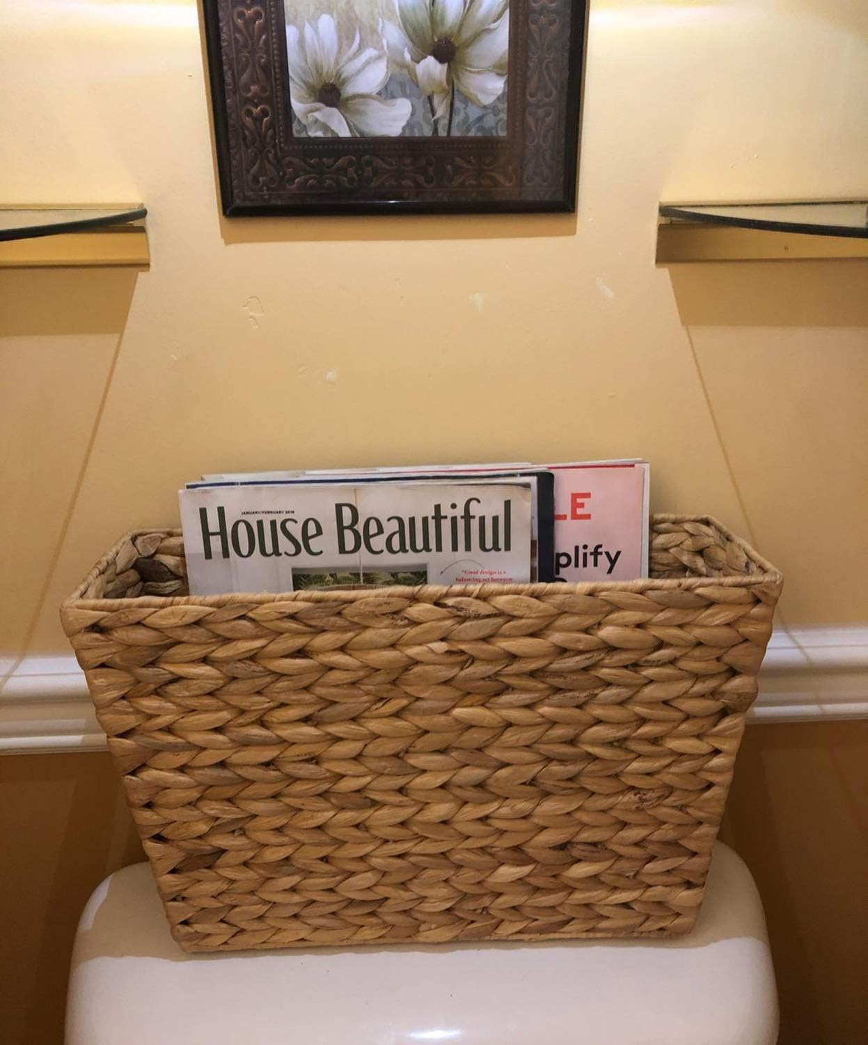 Yesland Hand-Woven Narrow Water Hyacinth Holder Wicker Basket, 15.5 x 5.5 x 9.75 Inch Decorative Magazine Storage
