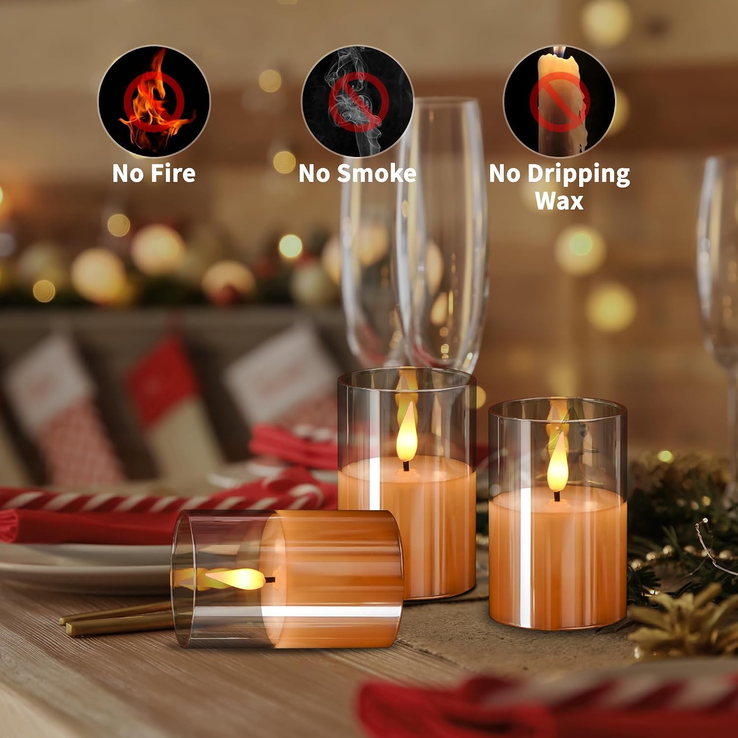 Glass Flameless Votive Candles with Remote, Battery Operated, 6Pack Gold | 2x3" Glass & Real Wax, 2/4/6/8H Timers, 2