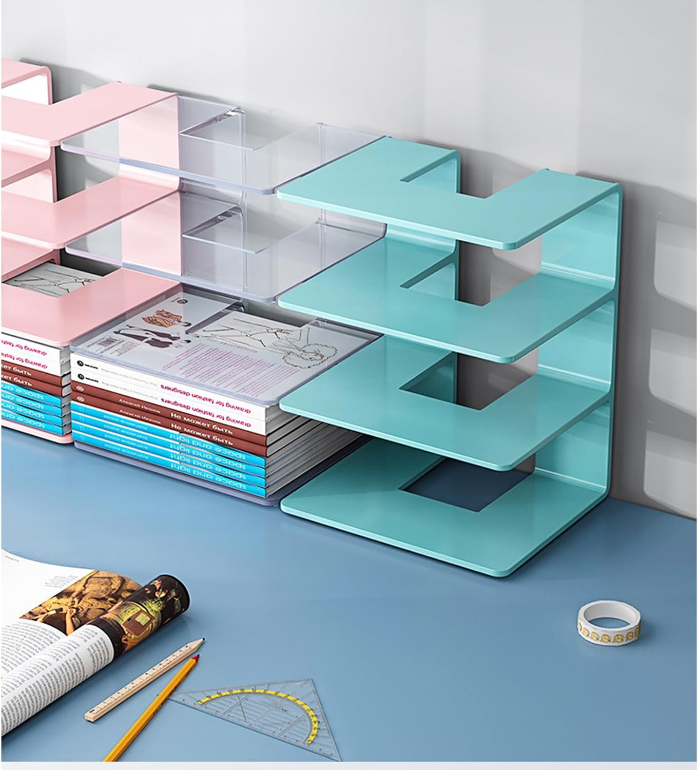 2PCS Acrylic File Organizer for Desk, Desktop Document/Mail Organizer, 4 Compartments Plastics Invisible Bookshelf