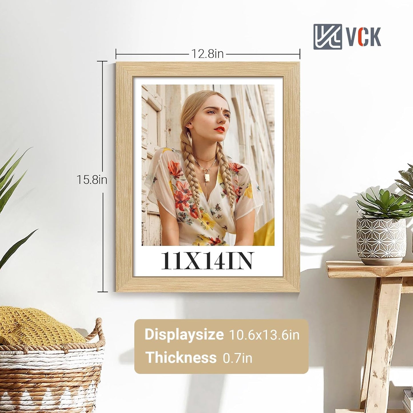VCK 11x14 Picture Frame Oak 4 Pack, Wide Thick Wood Border, for Prints | Exclusive Woodgrain, Wall Hanging, HD