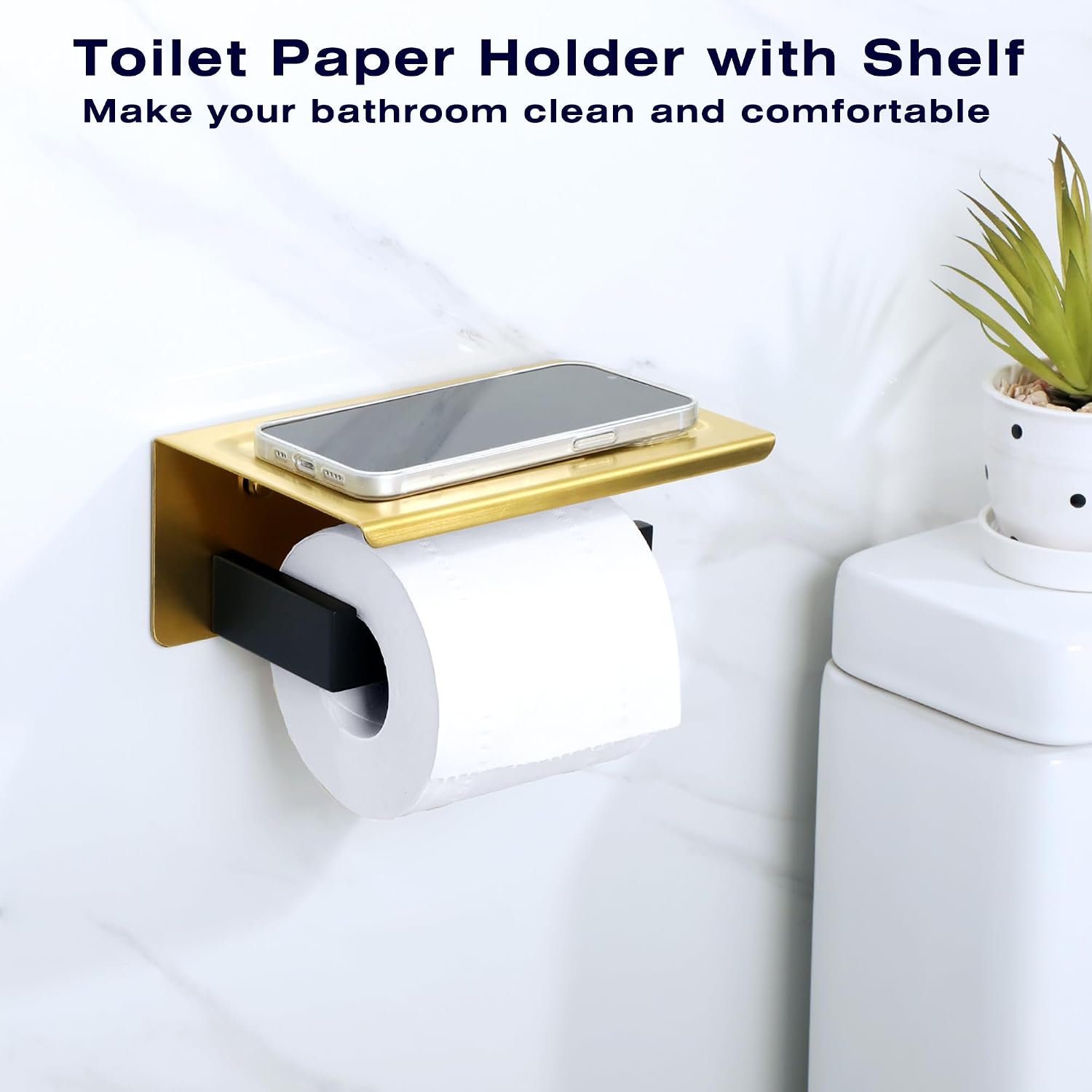 Alise Toilet Paper Holder with Shelf Wall Mounted,Gold and Black Finish | Self Adhesive or Drilling,SUS304 Stainless