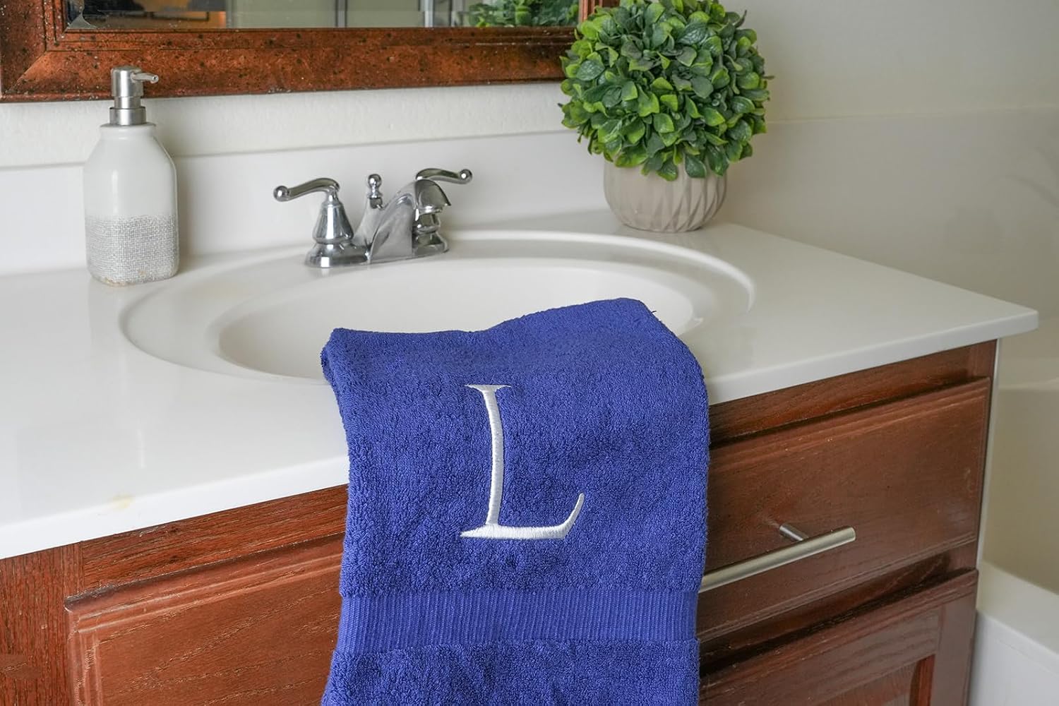 Navy with White Monogrammed Hand Towels for Bathroom - Set of 2 Letter L | Luxury Hotel Quality Initial Towels For