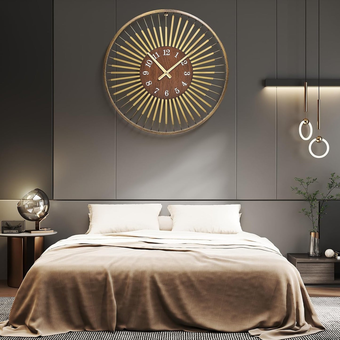 24 Inch Mid-Century Modern Wall Clock | round frame with walnut center, silent quartz clock, gold accents, decor wall