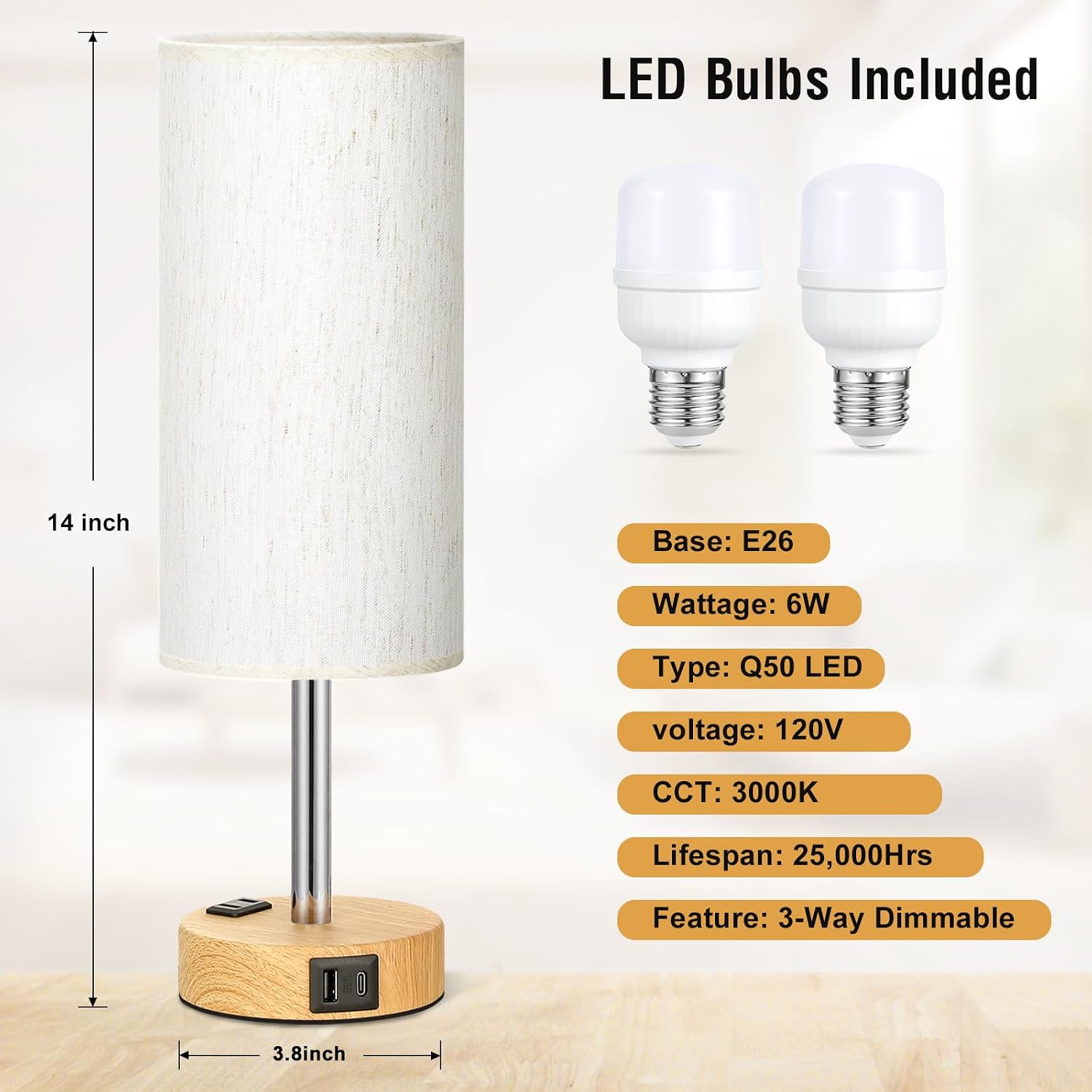 Small Touch Table Lamps Set of 2-3-Way Dimmable, USB A + C Charging, AC Outlet, Wood Grain Base, Bulbs Included