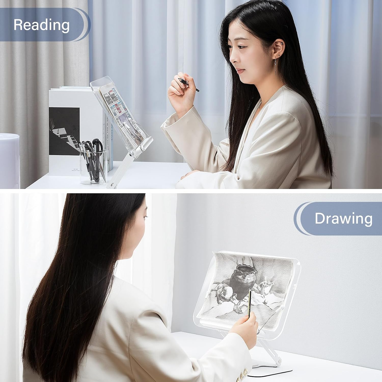 BYMECOST Acrylic Book Stand for Reading, Adjustable Book Holder, White | Foldable Desktop Riser Stand with 360°