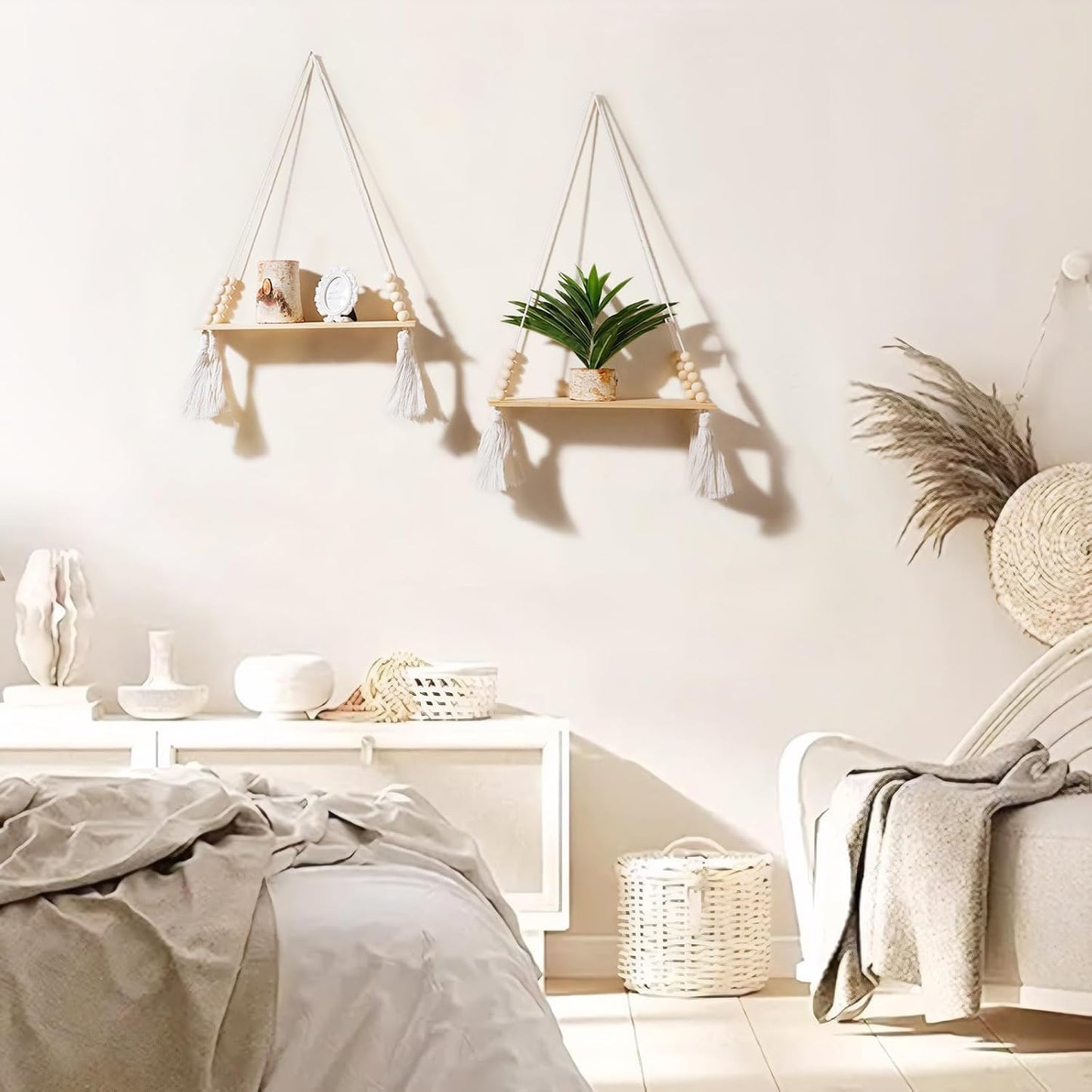 Wooden Wall Hanging Shelves / Beige Tassel / Set of 2