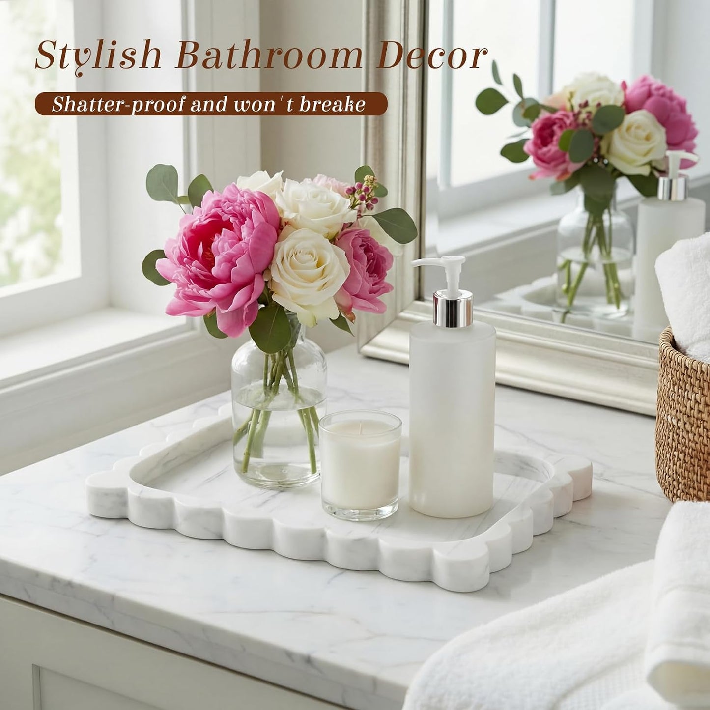 Silicone Bathroom Tray Scalloped Silicone Decorative Tray for Soap Dispenser / White / 11.5 x 8.7