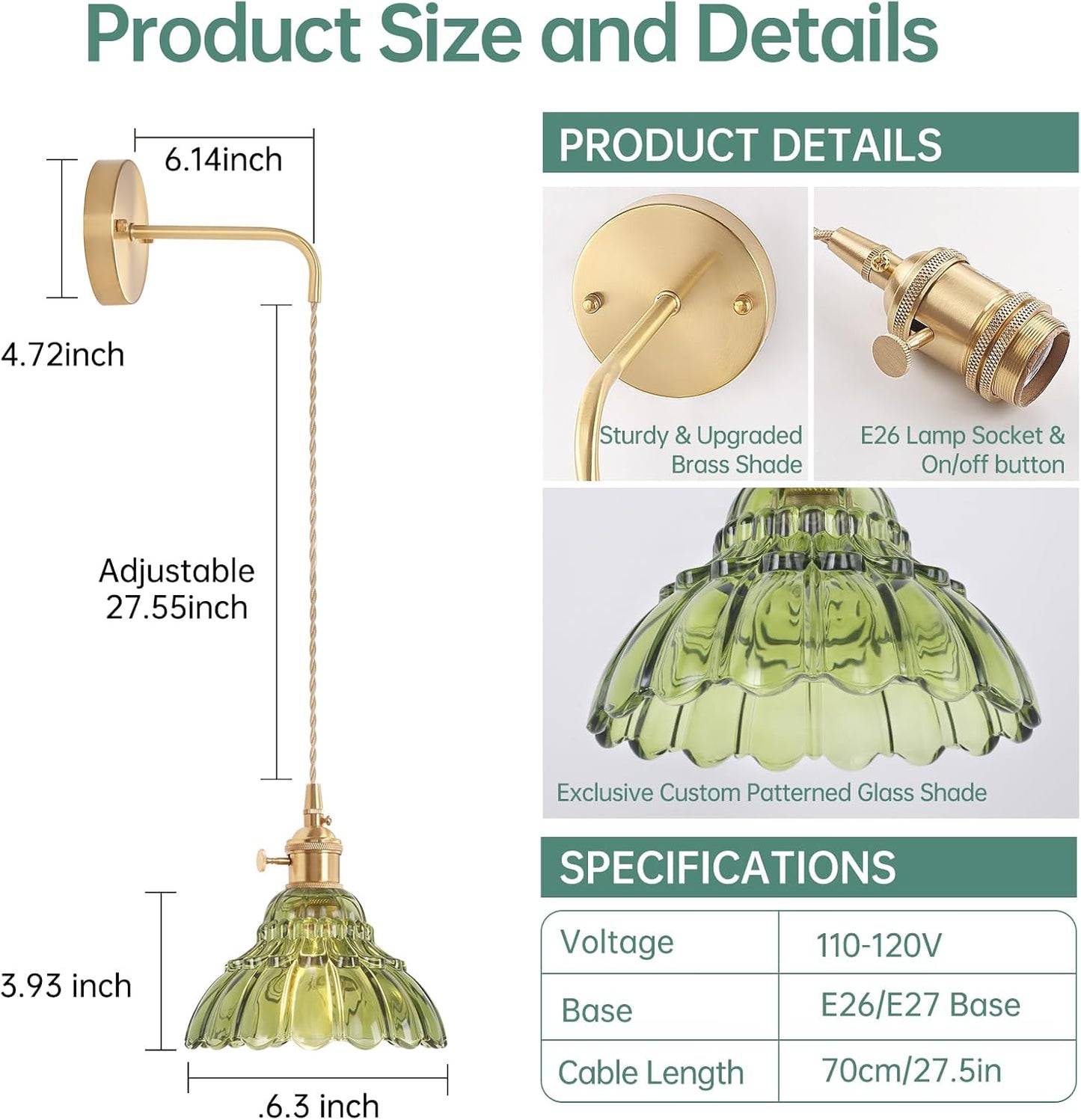 Shenmoyl Vintage Wall Sconce with Green Lily of the Valley Shade Pattern Glass Adjustable Chain Retro Gold Wall Mounted