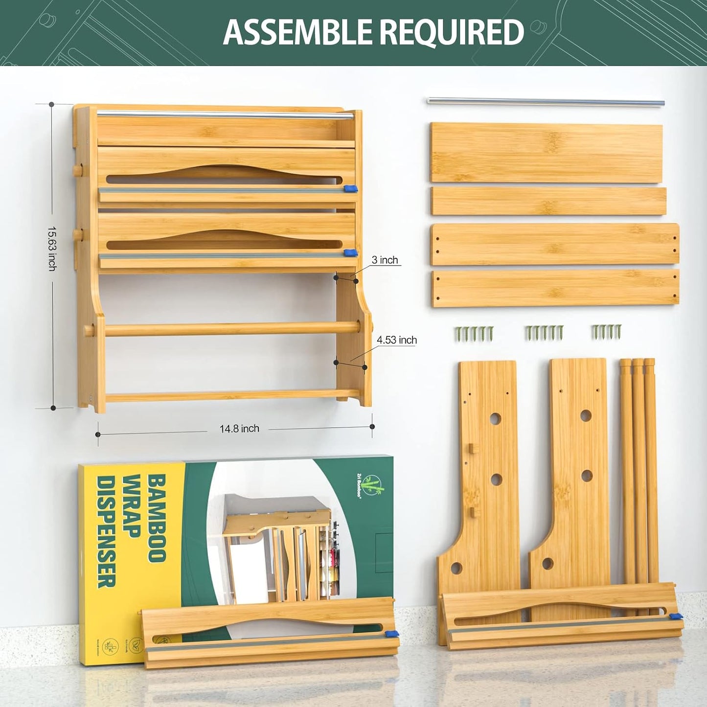 Foil Plastic Wrap Organizer Dispenser - Wall Mounted Bamboo Kitchen Paper Towel Holder with Spice Shelf,4 in 1 12" Roll