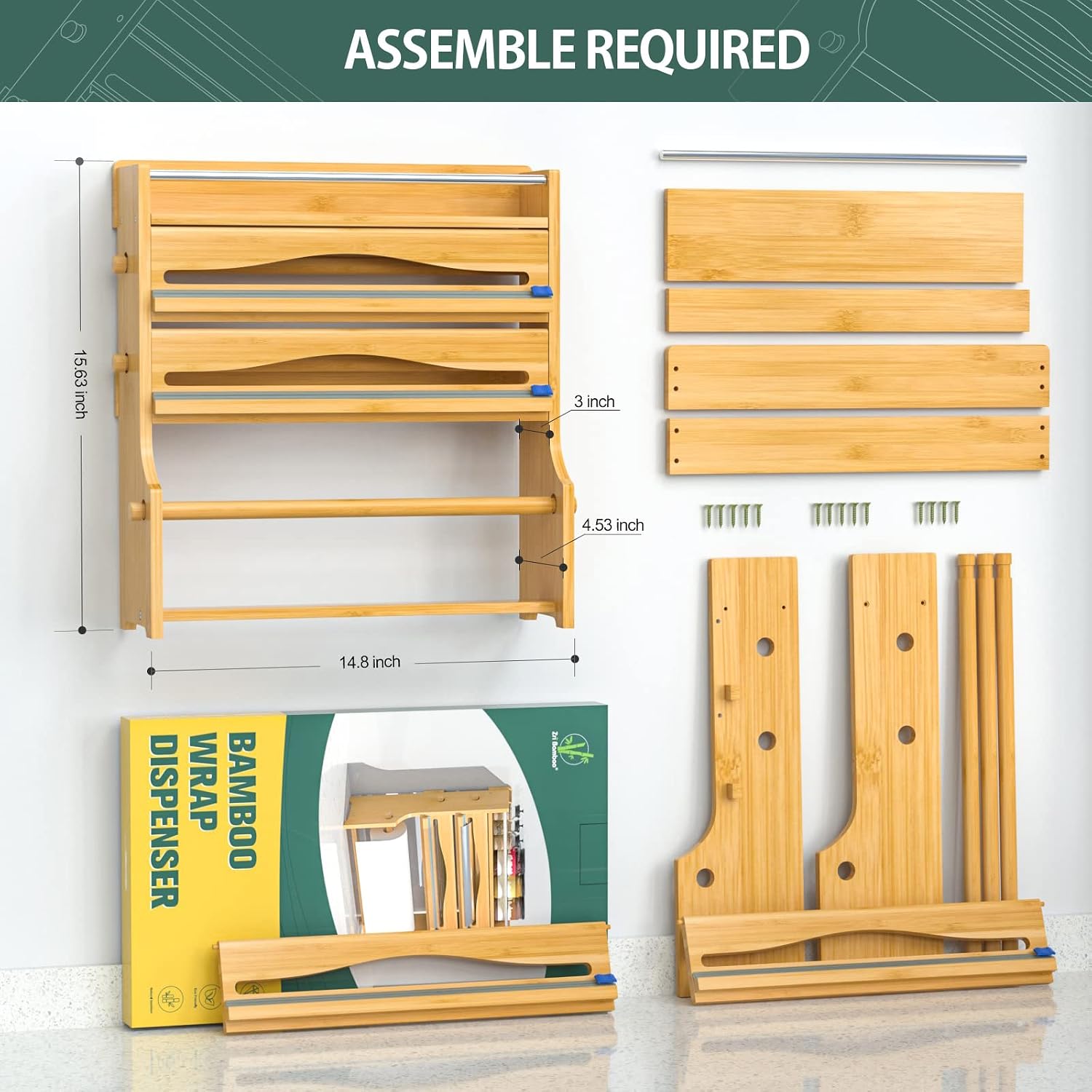 Foil Plastic Wrap Organizer Dispenser - Wall Mounted Bamboo Kitchen Paper Towel Holder with Spice Shelf,4 in 1 12" Roll