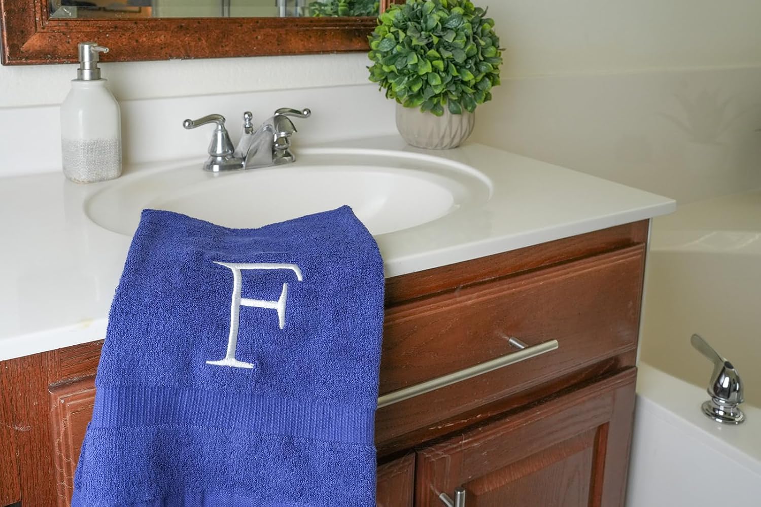 Navy with White Monogrammed Hand Towels for Bathroom - Set of 2 Letter F | Luxury Hotel Quality Initial Towels For