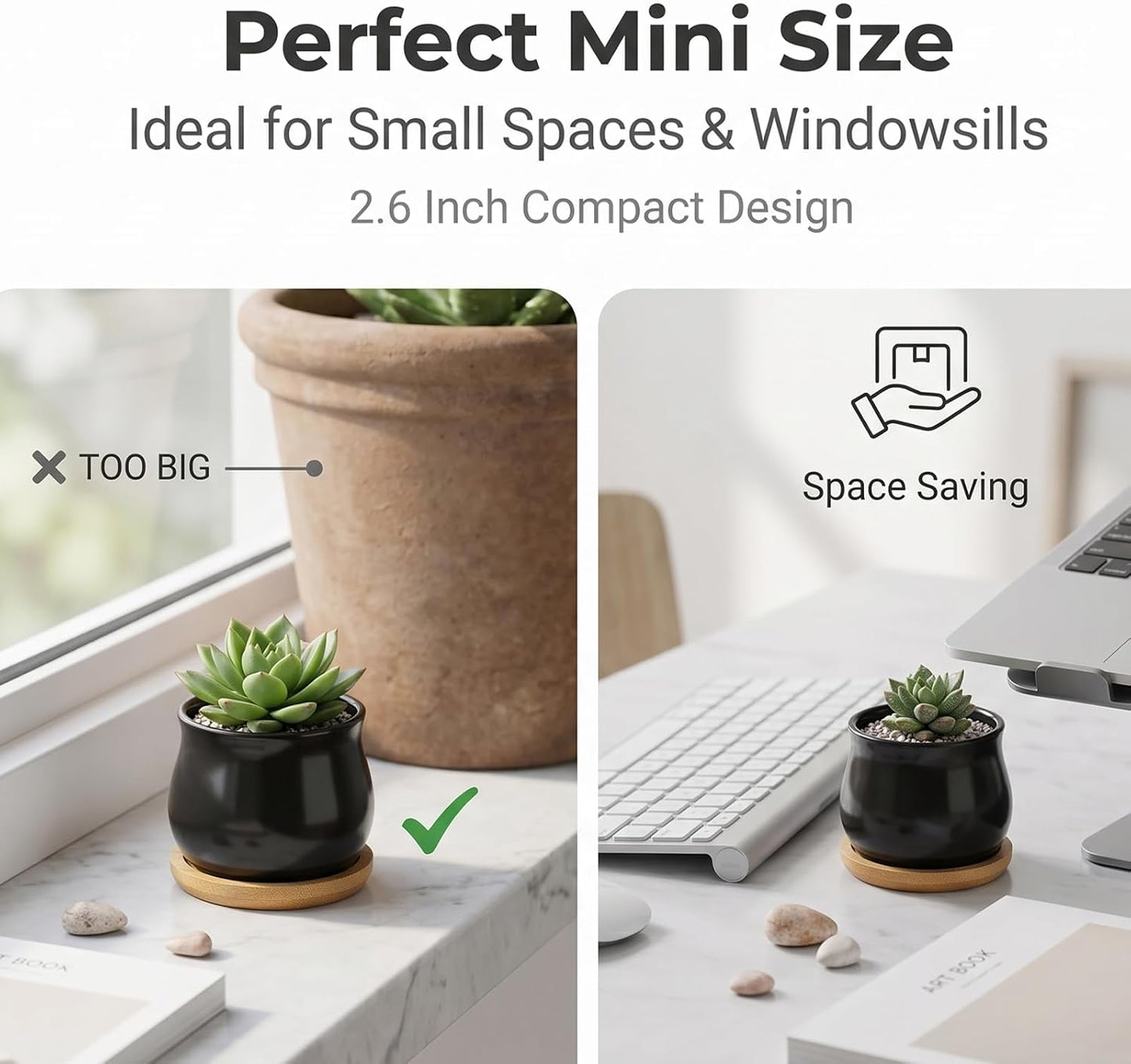 Matte Mini Ceramic Flower Planter Pot / Black / 2.6 Inch / Set of 8