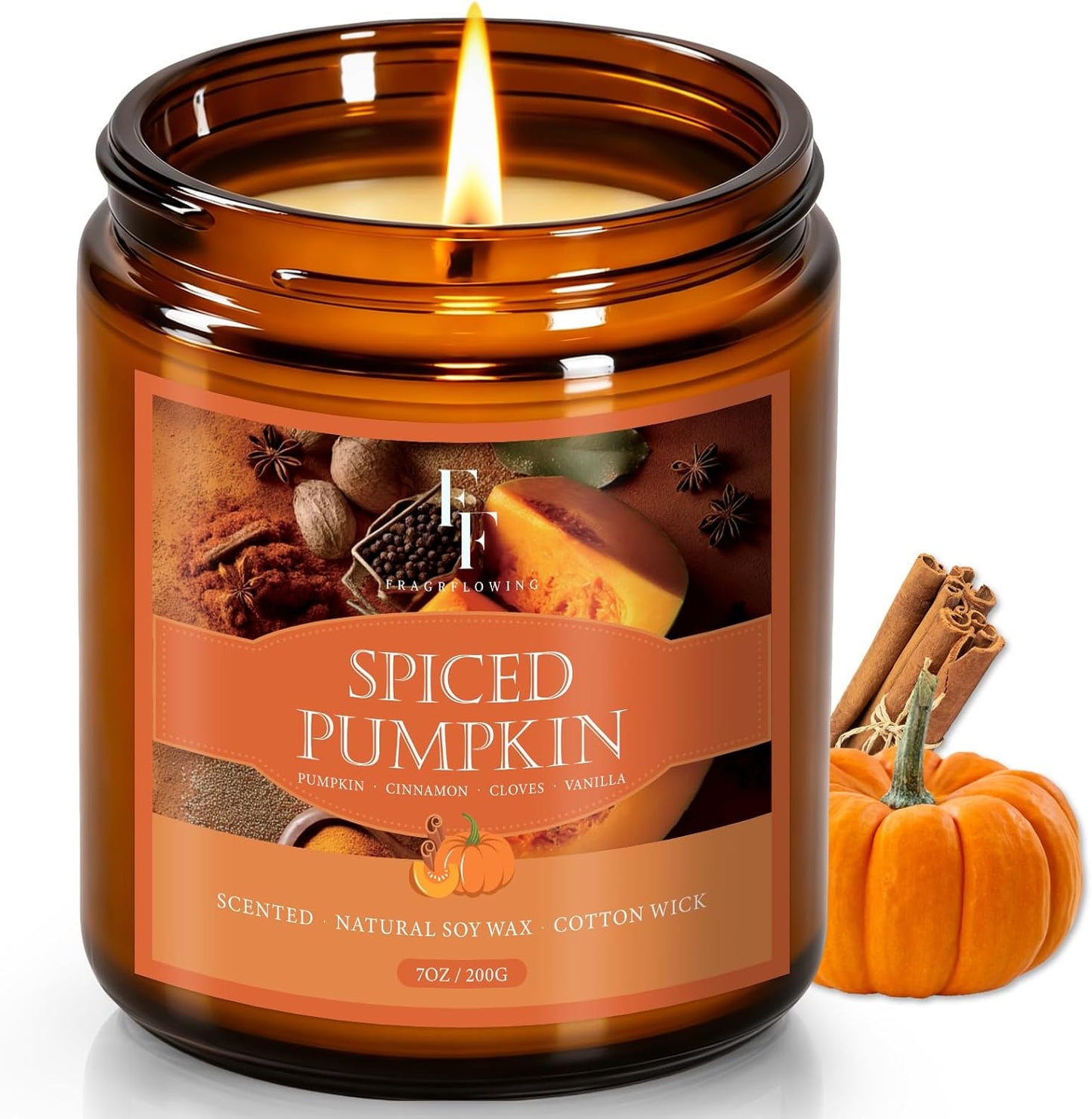 Fall Candle, Spiced Pumpkin Scented Candles for Home, Natural Soy Autumn Candle Aromatherapy Candle, 7 oz Jar Candles