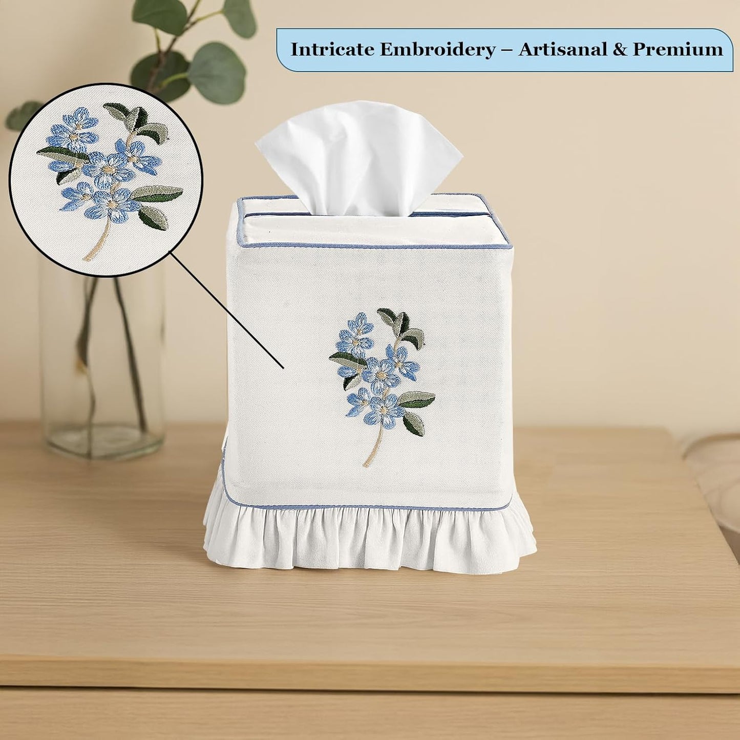 Embroidered White Cotton Tissue Box Cover / Blue Floral