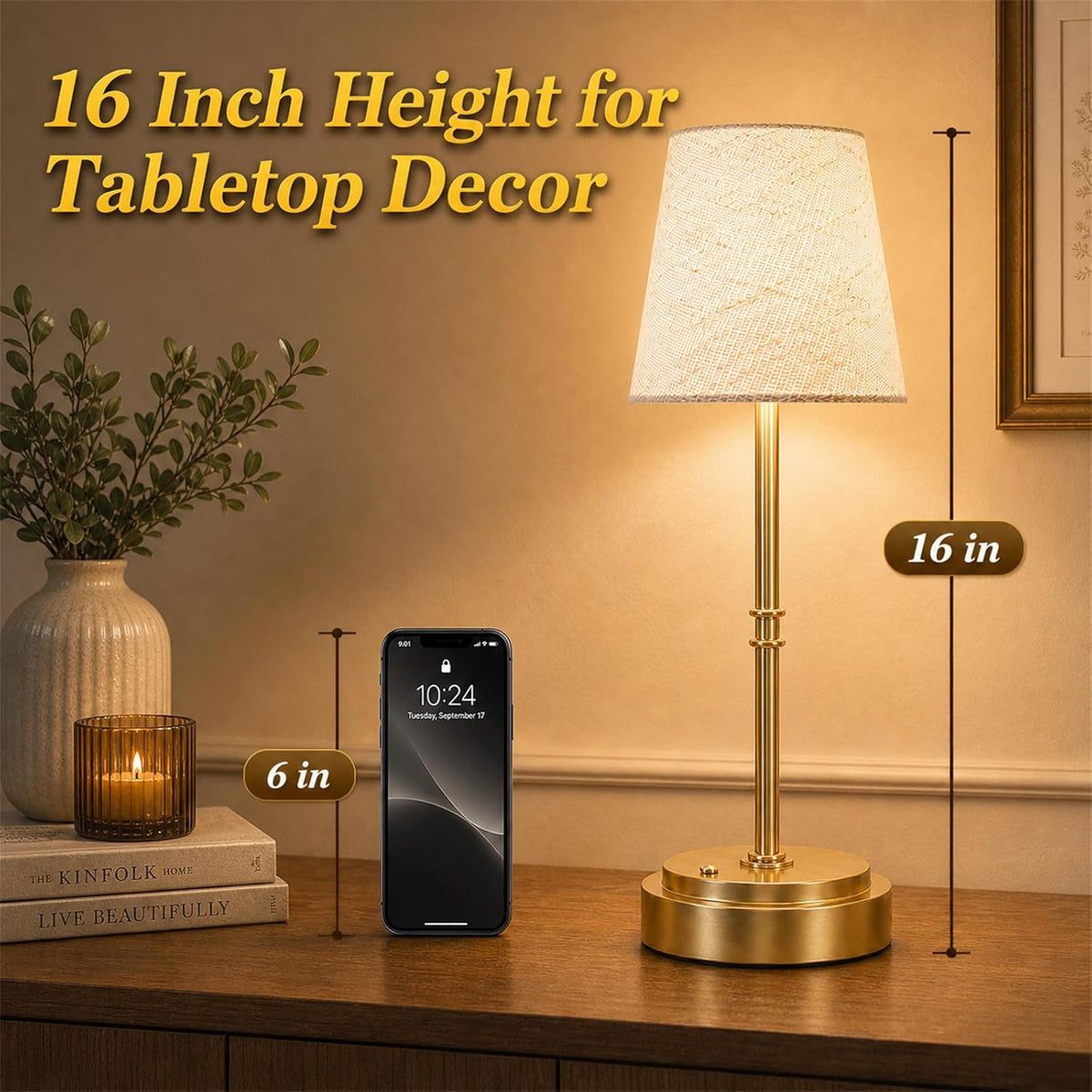 Rechargeable Cordless Table Lamp, Battery Operated Bedside Lamp, Gold | 6000mAh, 4H charge, 12-36H runtime, 2500K warm