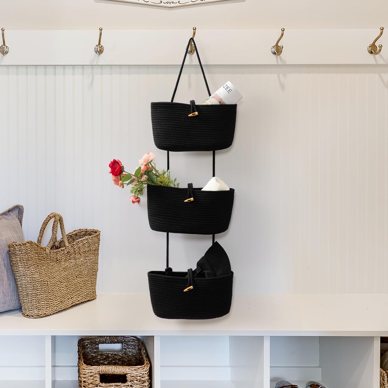 3-Tier Woven Cotton Storage Organizer Bag / Black / 3 Tier+button