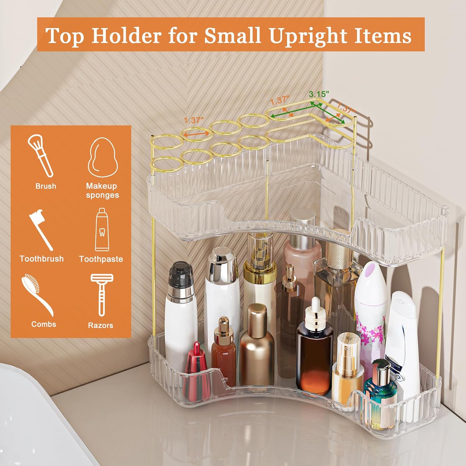 Webetop Corner Makeup Organizer 2 Tier Bathroom Storage with Brush Holder | Space-saving Corner Fit, Clear Acrylic