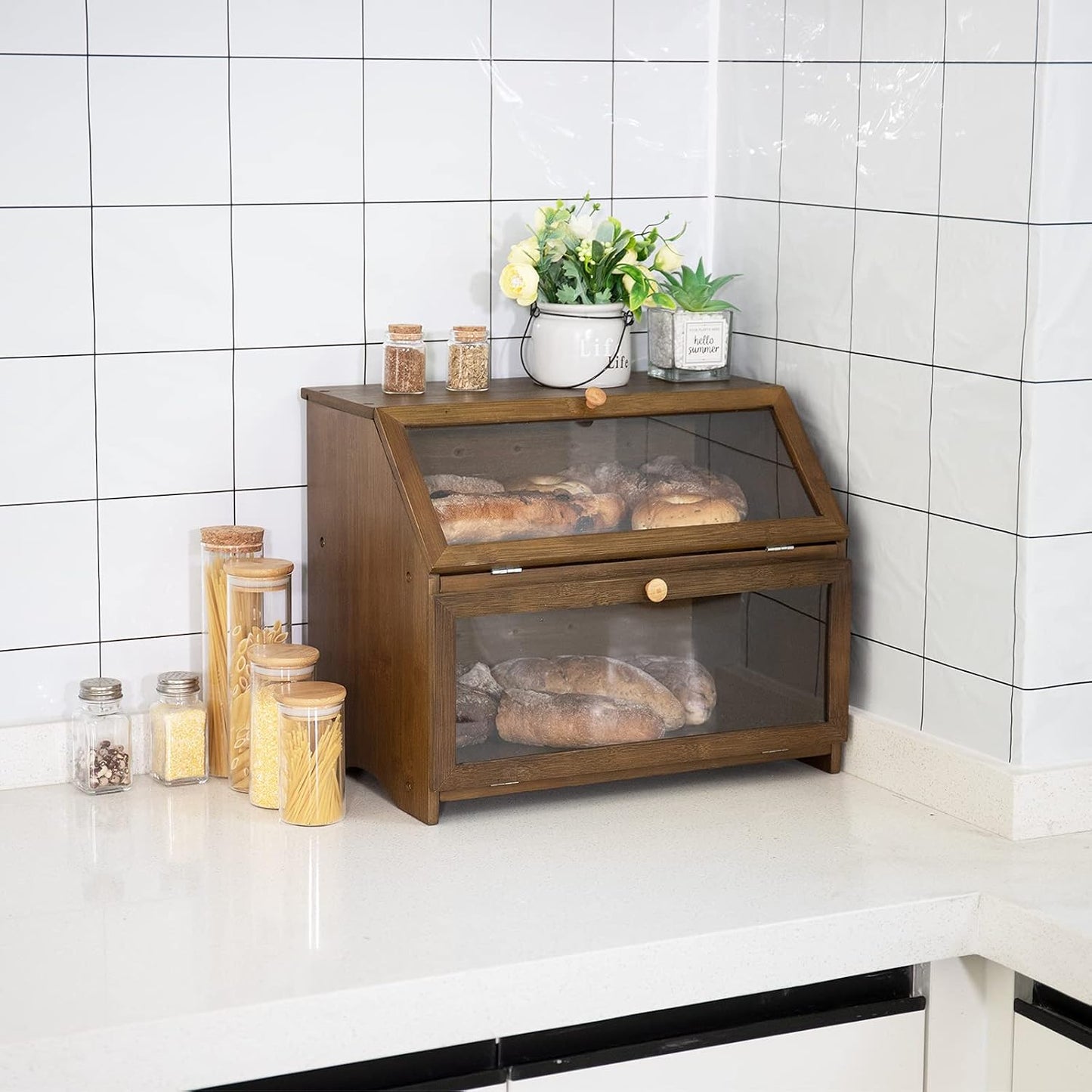 HOMEKOKO Double Layer Bread Box, Wooden Bread Storage Bin, Brown | Keeps Bread Fresh 3-4 Days, Large Capacity Fits 2+
