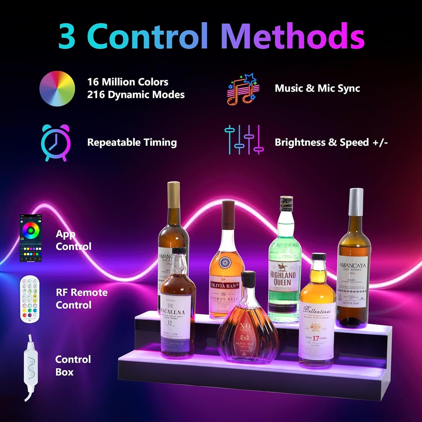 Led Lighted Liquor Bottle Display Shelf, 24 Inch 2 Tier Whiskey Rack, Support USB, Bar Stand with RF Remote & App