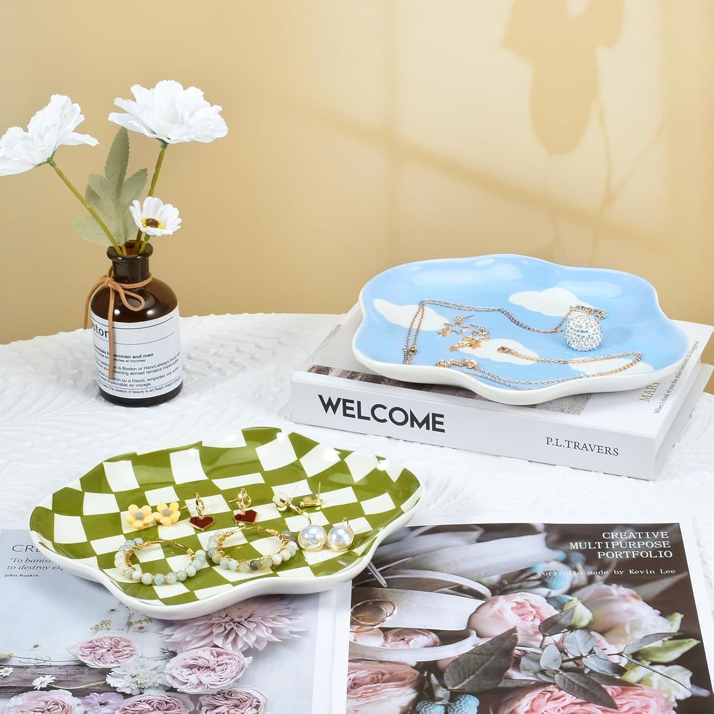 Ceramic Jewelry Dish Trinket Tray Organizer / Green Plaid