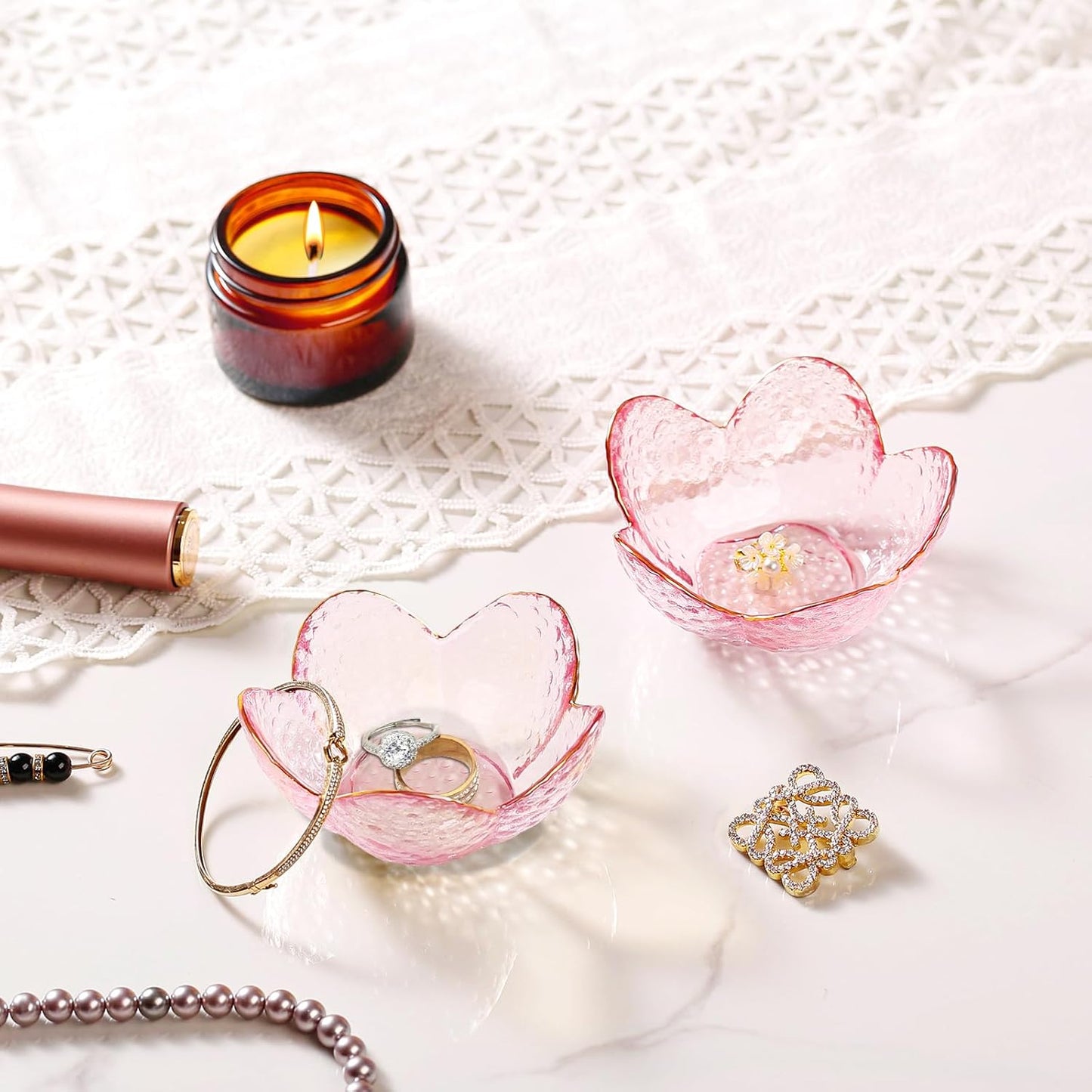 Gifts for Women Trinket Dish Flower Jewelry Dish Pink Glass Ring / Golden-edged Pink / Set of 2