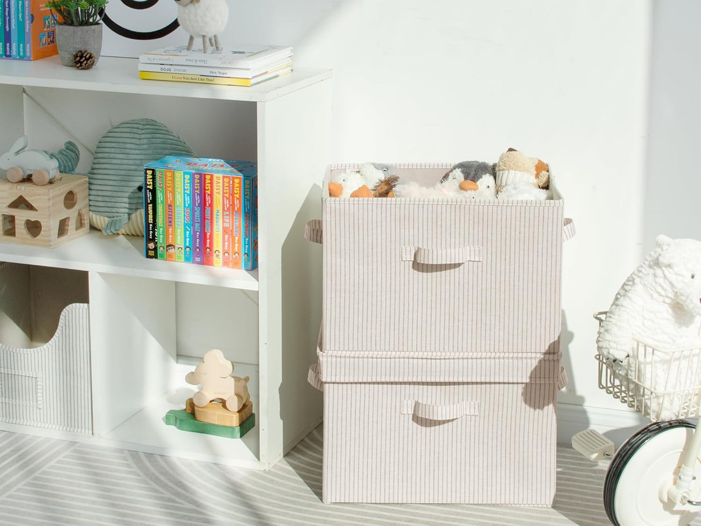 Fabric Storage Bins / Khaki and Beige Stripes / Jumbo