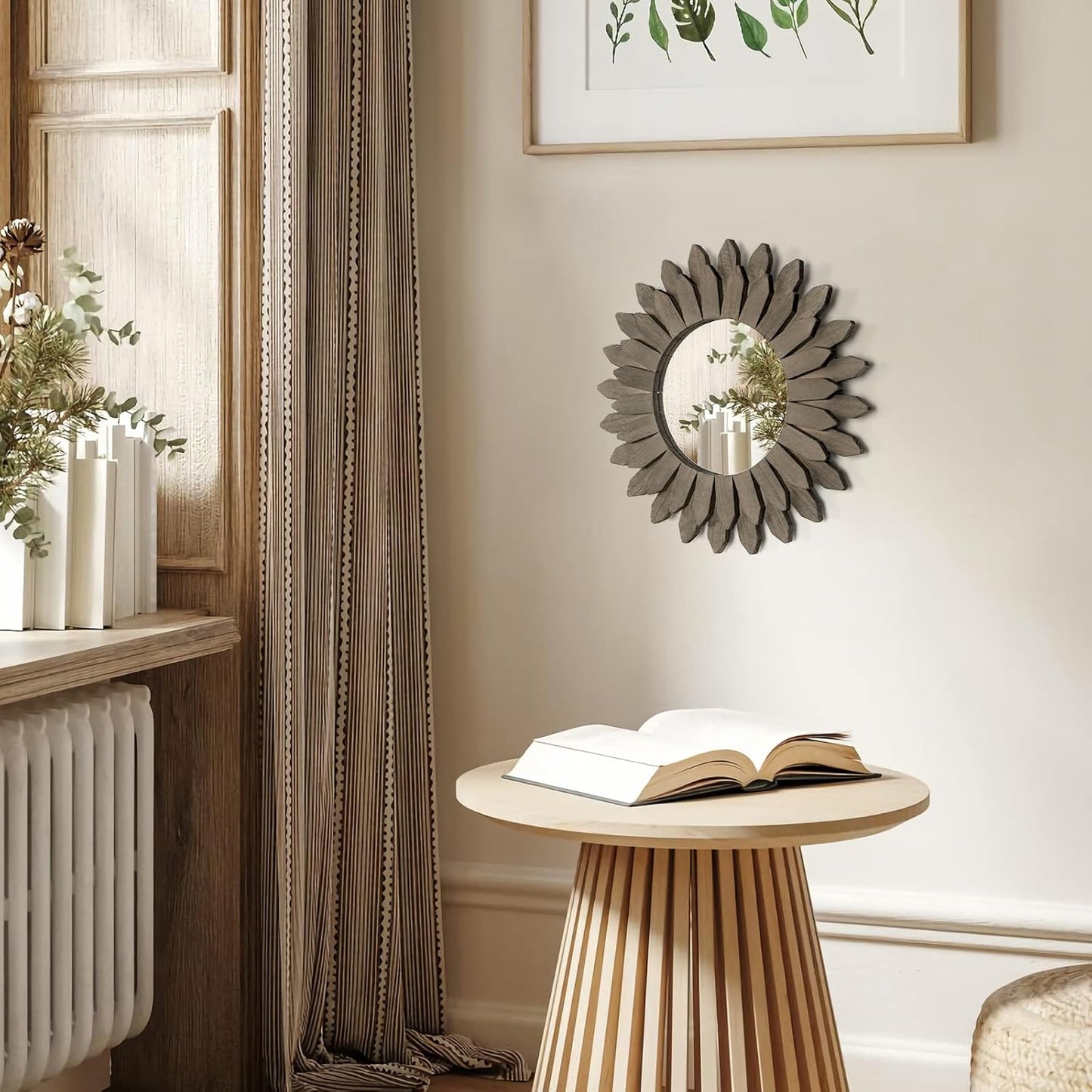 Farmhouse Wall Decor Mirror Sunburst Boho Wood Mirror Rustic Home Decor / Weathered Grey / 12 Inch