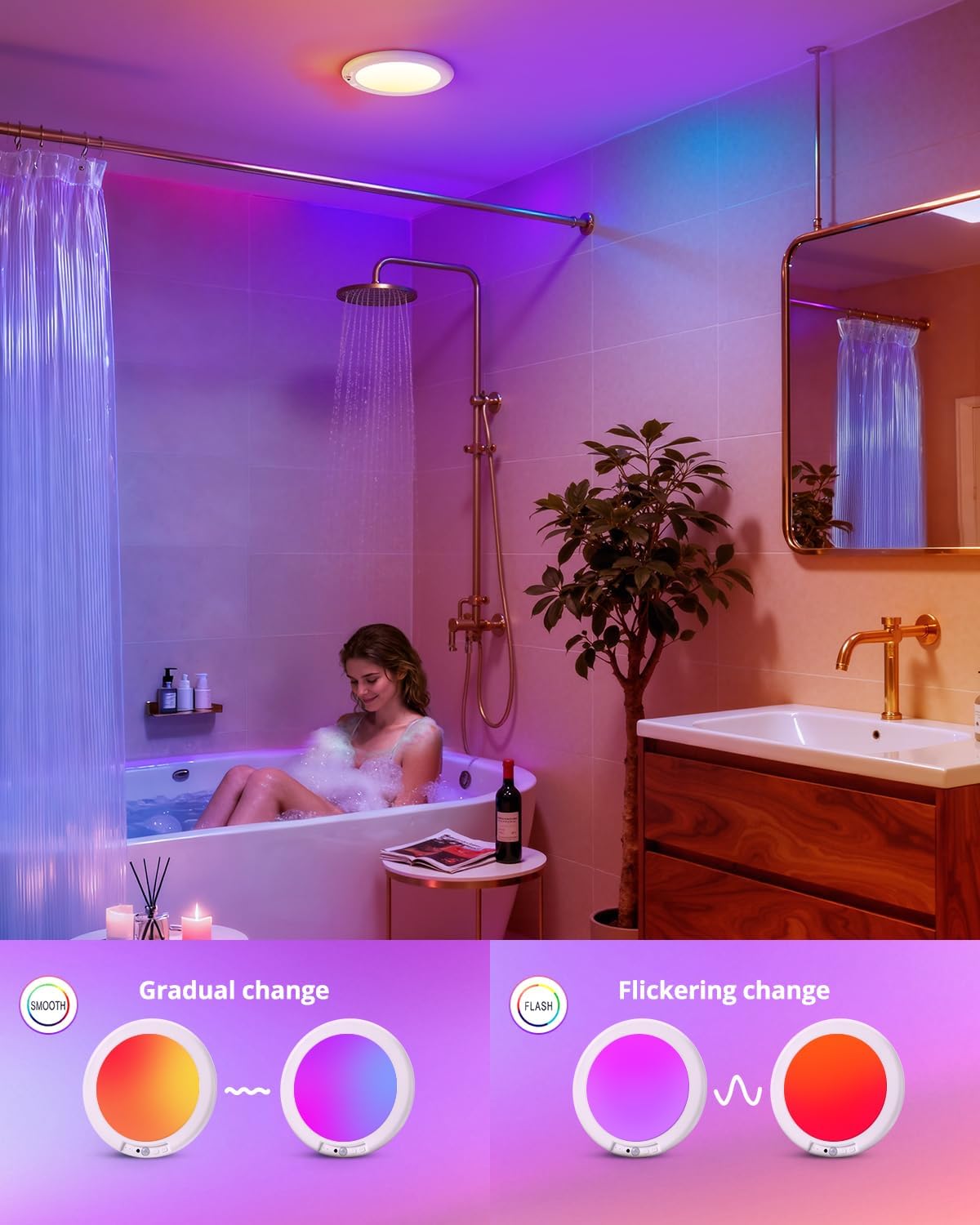 wowatt RGB Rechargeable Shower Lights for Inside Shower Waterproof IP44 | 12 RGB Colors&White Battery Ceiling Lights