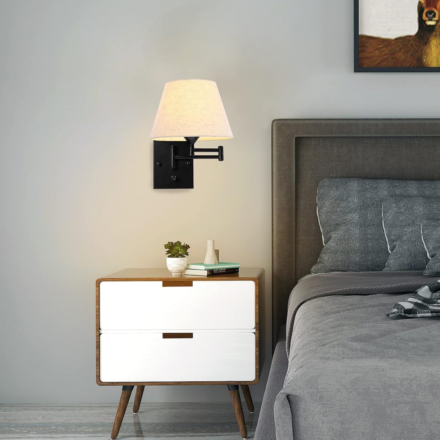 Pauwer Plug in Wall Sconce Set of 2, Swing Arm Wall Lamp (Beige Shade) | Fabric Shade, Wall Light Fixtures with Plug in